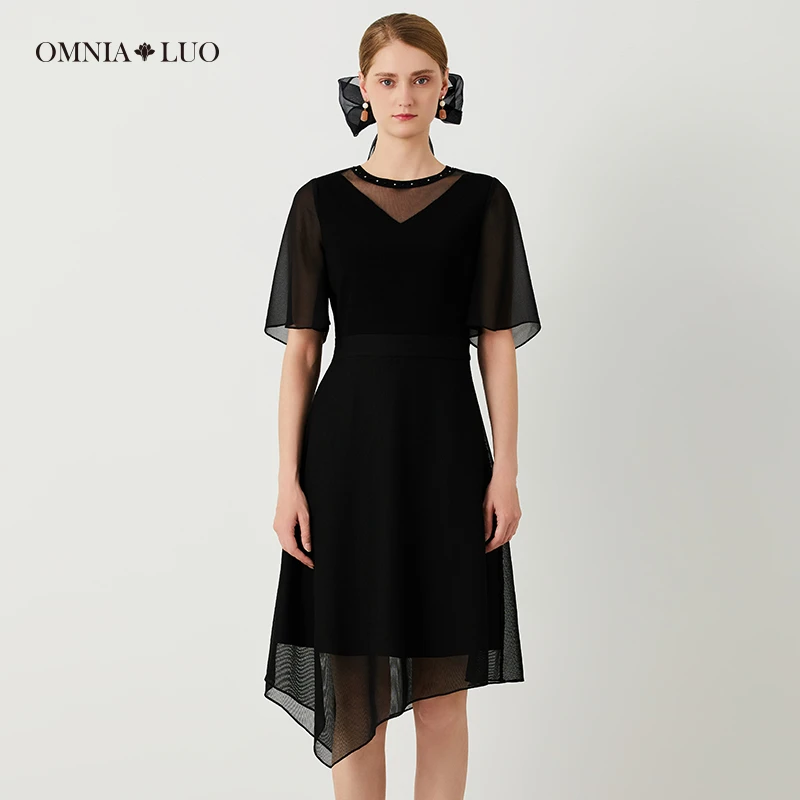 欧柏兰奴【商场同款】2023年夏优雅不对称镂空短袖修身毛织连衣裙