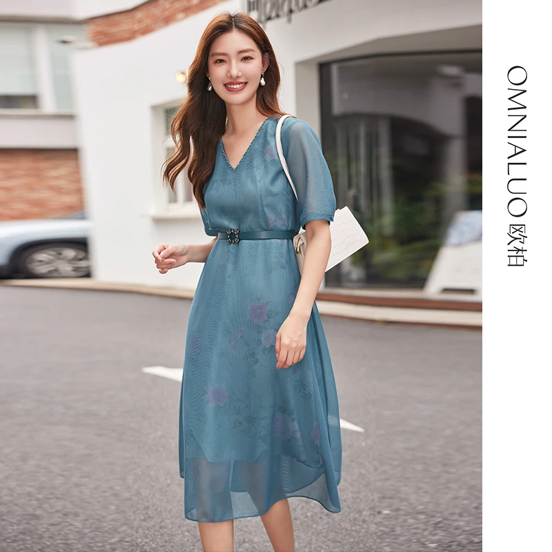欧柏兰奴春优雅钉珠碎花印花中长裙短袖V领连衣裙配腰带