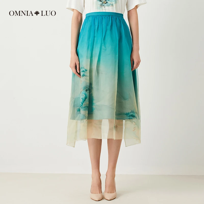 欧柏兰奴【商场同款】2023年夏桑蚕丝优雅印花水墨印花A字裙长裙1