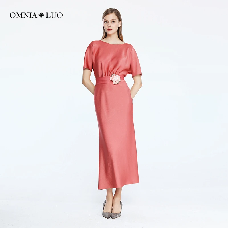 欧柏兰奴[三醋酯纤维]23春装女新品一字领优雅显瘦短袖连衣裙礼服