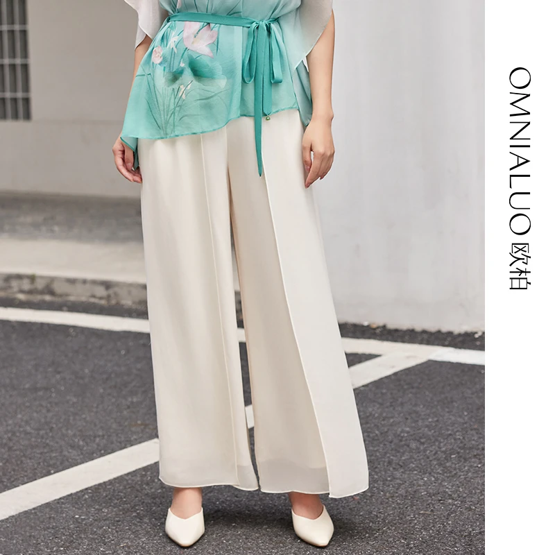 欧柏兰奴【商场同款】2024年夏优雅拼接纯色阔腿裤长裤中高腰裤子