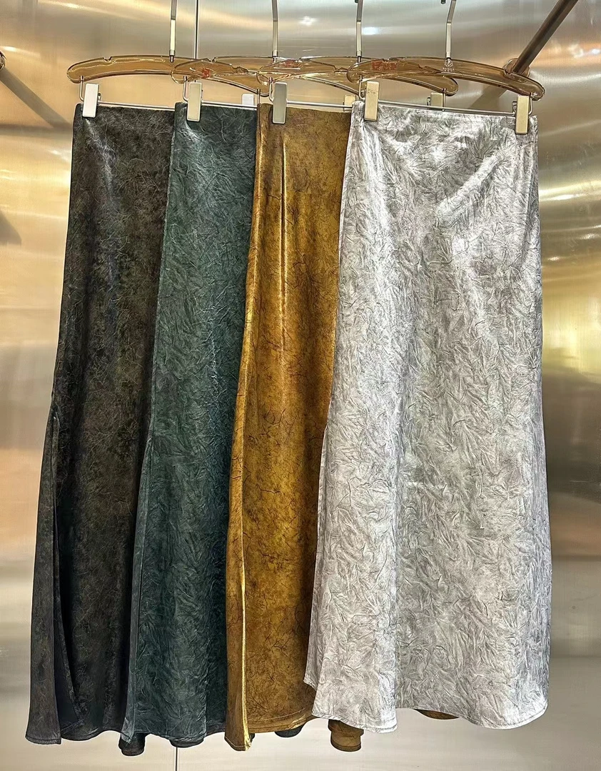 时尚百搭气质三醋酸香云纱长款斜裁开叉半裙