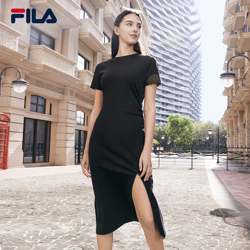 Fila/斐乐连衣裙女2025夏季新款休闲简约开衩修身T恤裙F51W429302