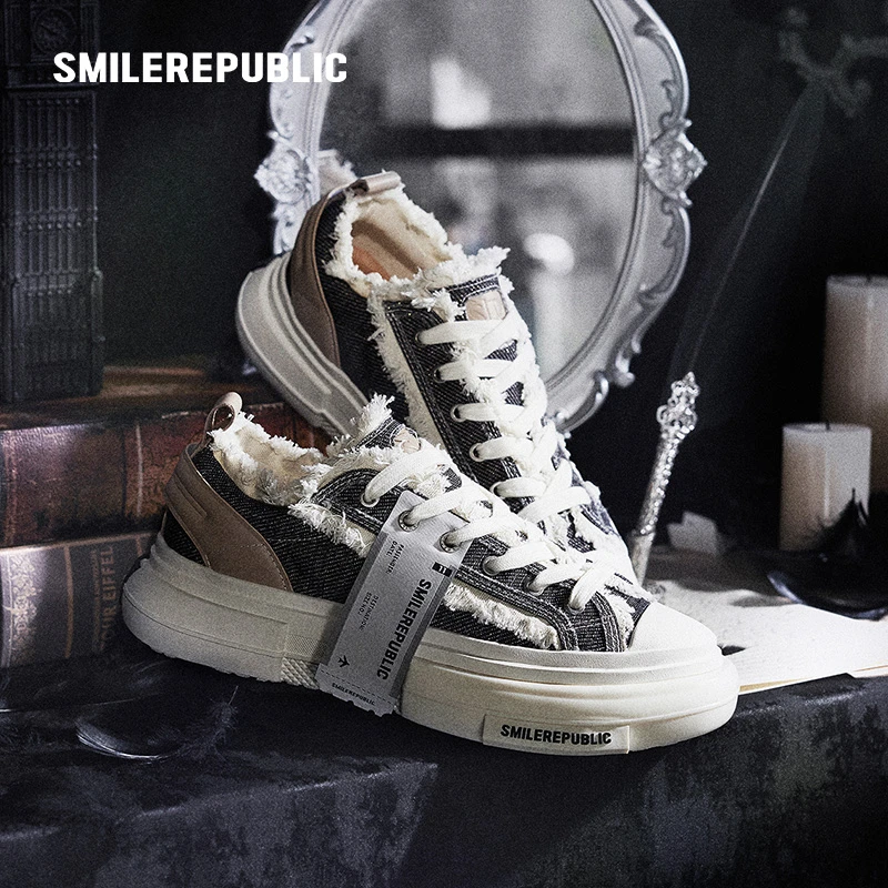 SMILEREPUBLIC SR70s银黑细纹牛仔布低帮厚底鞋时尚百搭休闲潮流