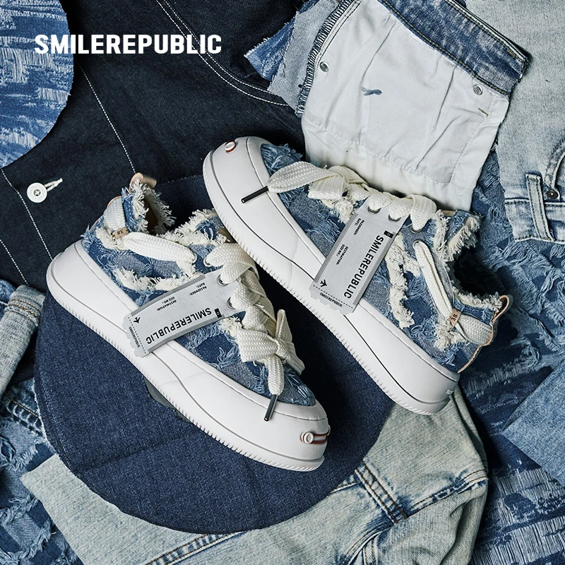 【罗云熙同款】SMILEREPUBLIC 浅蓝格子牛仔可替换开口笑厚底鞋百搭