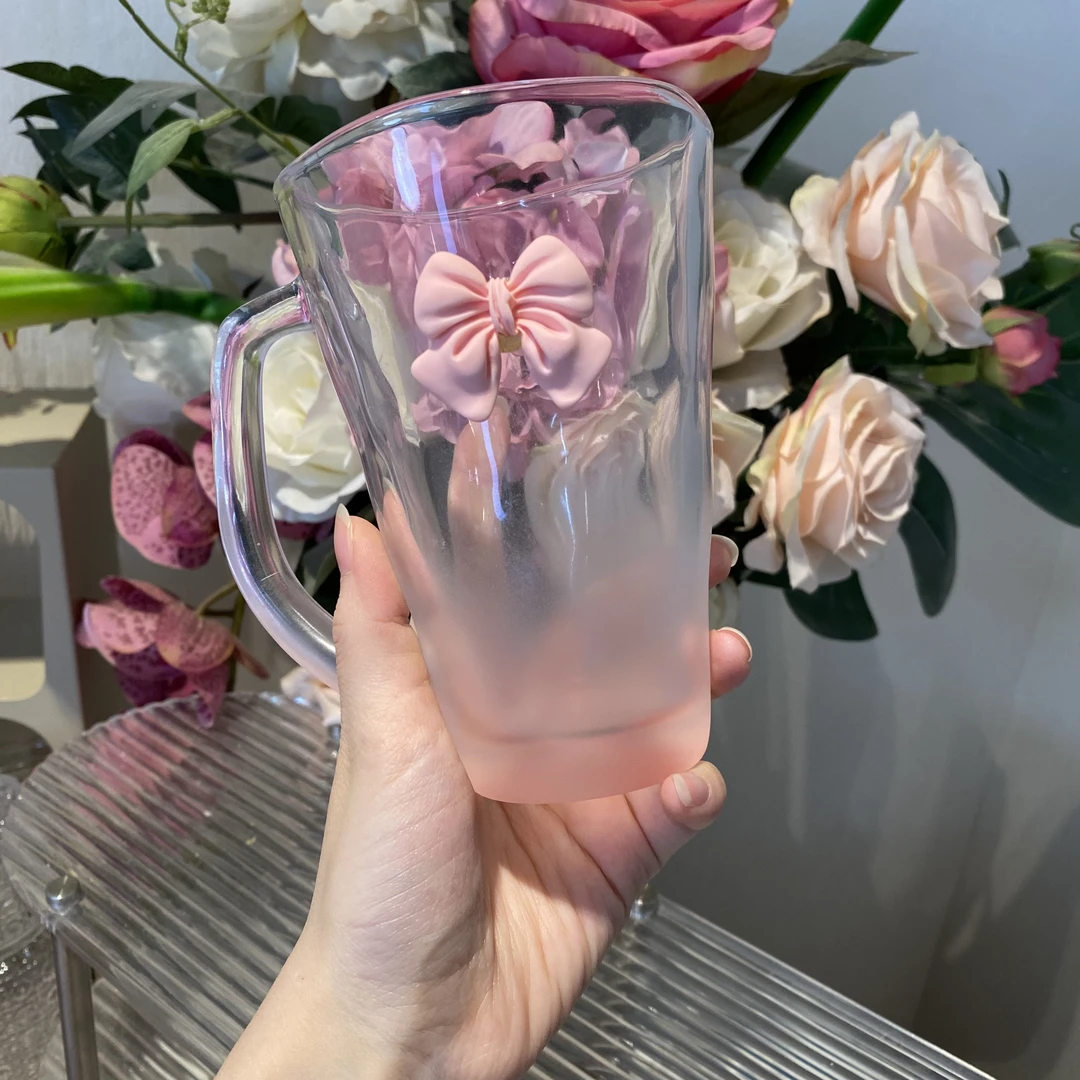 新网红380ml 家用轻奢渐变磨砂粉色马克杯粉嫩少女心蝴蝶结马克杯