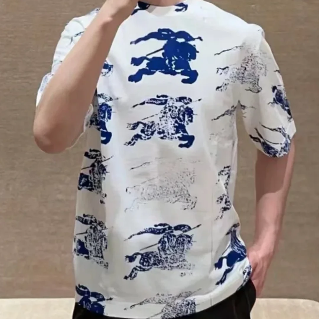 全新未使用 BURBERRY/博柏利 SS24蓝色水墨大战马印章圆领短袖T恤