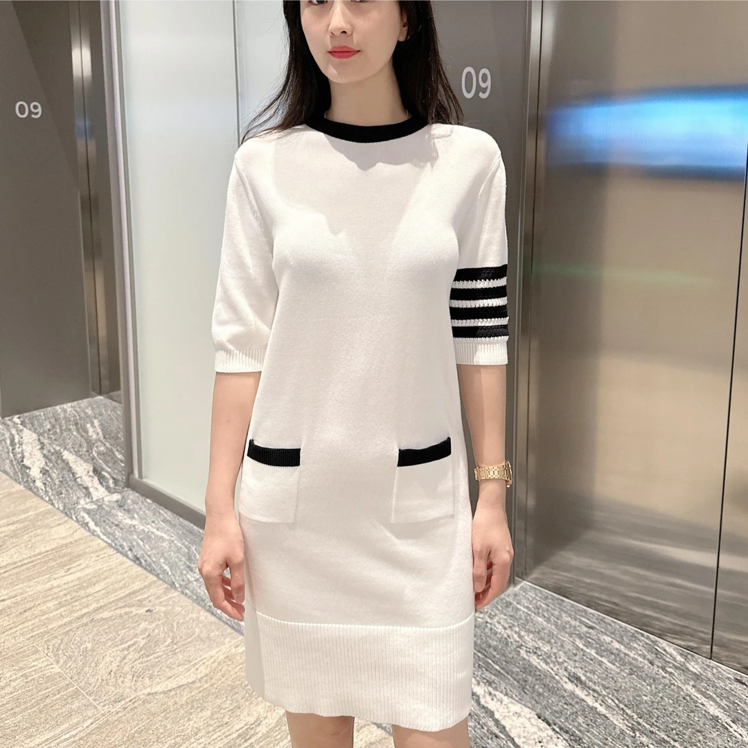 全新未使用 THOMBROWNE 四条纹短袖中长款短袖连衣裙 白色针织
