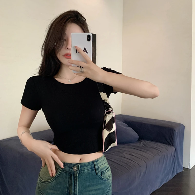 修身露背正肩小心机设计感露脐圆领短袖T恤夏季2025新款短款上衣