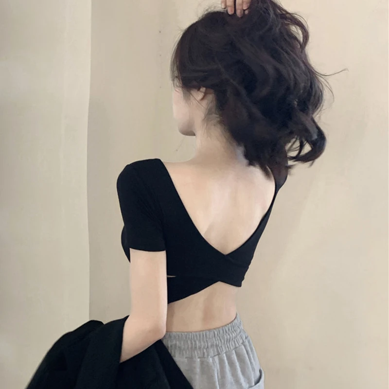 纯欲风性感交叉露背短袖女夏设计感小众别致辣妹修身短款上衣T恤