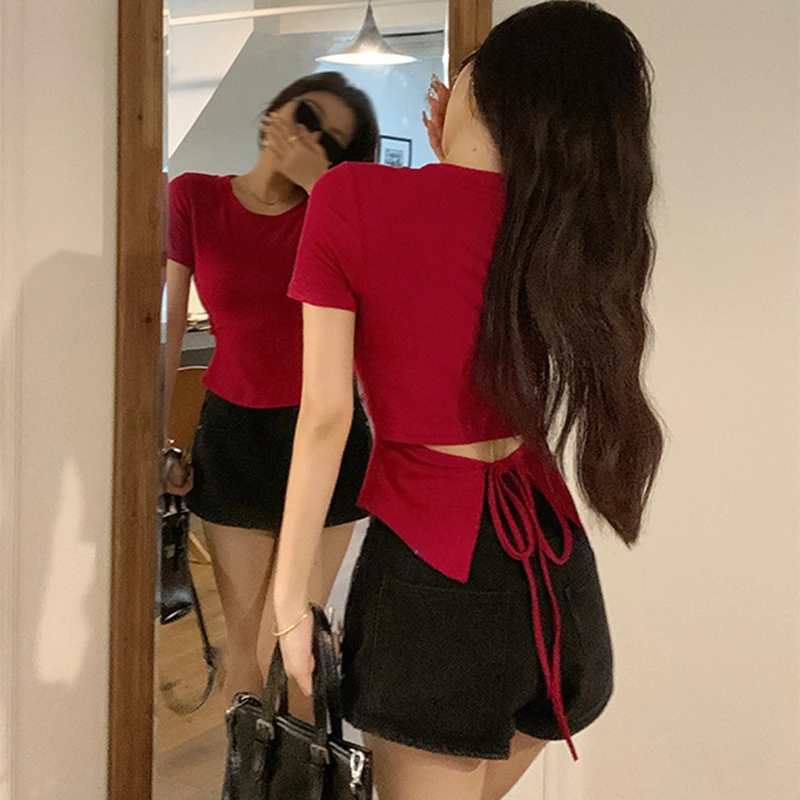 镂空正肩后背绑带修身设计感小众别致独特收腰显瘦不规则上衣圆领