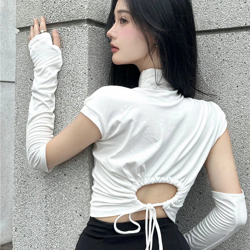 露脐短款甜辣妹上衣半高领打底衫女纯欲设计感镂空t恤配套袖显瘦
