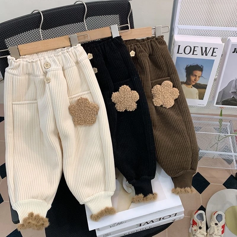 女童加绒裤子一体绒冬装女宝宝加厚保暖灯芯绒休闲裤小童加绒棉裤