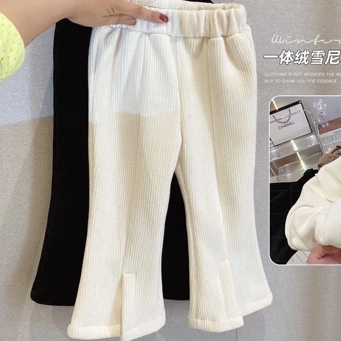 女童裤子2023新款秋冬加绒微喇叭开衩长裤休闲洋气雪尼尔九分裤潮