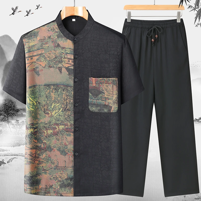 新国风唐装男中老年短袖爸爸夏装新中国风套装宽松爷爷装春夏薄款