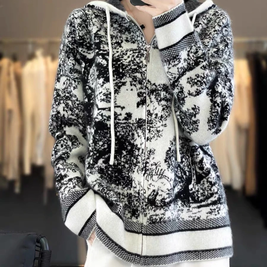 工厂店直营100%美莉诺羊毛拉链连帽开衫重工水墨画设计厚款外套