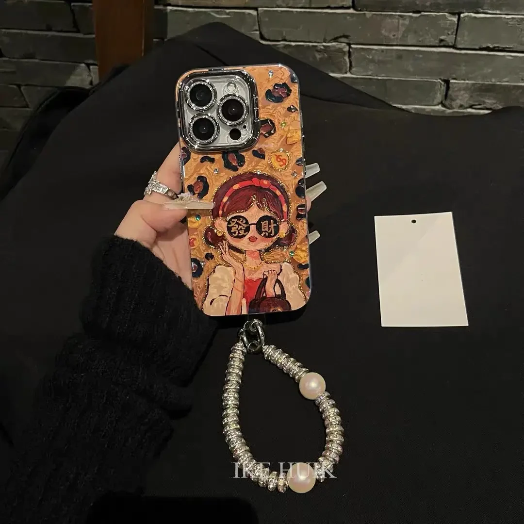 轻奢手链豹纹发财富婆适用苹果16Pro手机壳闪粉镜头膜支架15全包