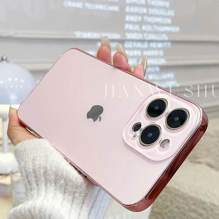 高级冰粉色苹果14pro手机壳磨砂硬壳iPhone13全包12电镀11ProMax