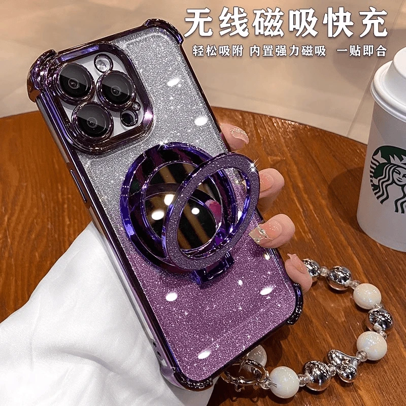 闪粉镜子支架适用苹果16Promax手机壳15电镀14透明13四角气囊全包