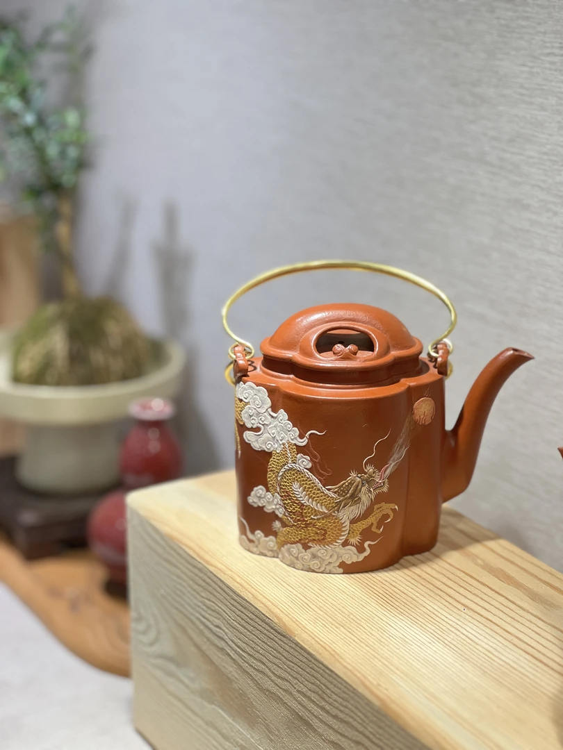 朱泥牛盖煮水筋纹提梁壶全手工茶具泡茶壶红泥陶壶煮茶壶纯手工