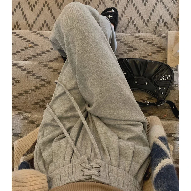 设计师款灰色阔腿裤女裤子春秋高腰垂感直筒宽松拖地休闲运动卫裤