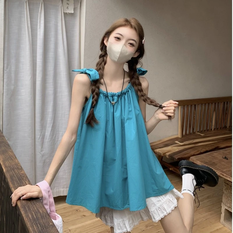 洋气无袖抽绳甜美吊带背心女夏季2023新款外穿宽松显瘦设计感上衣