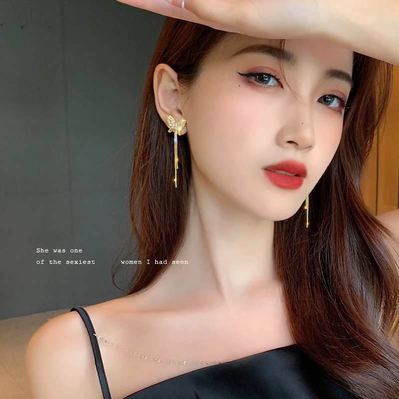 LACELIPS气质闪钻珍珠蝴蝶耳环女2023年新款流苏耳钉高级秋冬耳