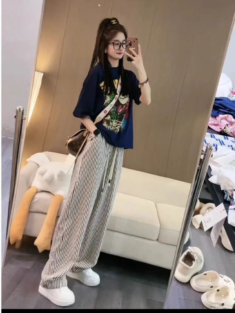 时尚小个子显瘦减龄潮牌T恤短袖休闲夏装搭配一整套阔腿裤两件套