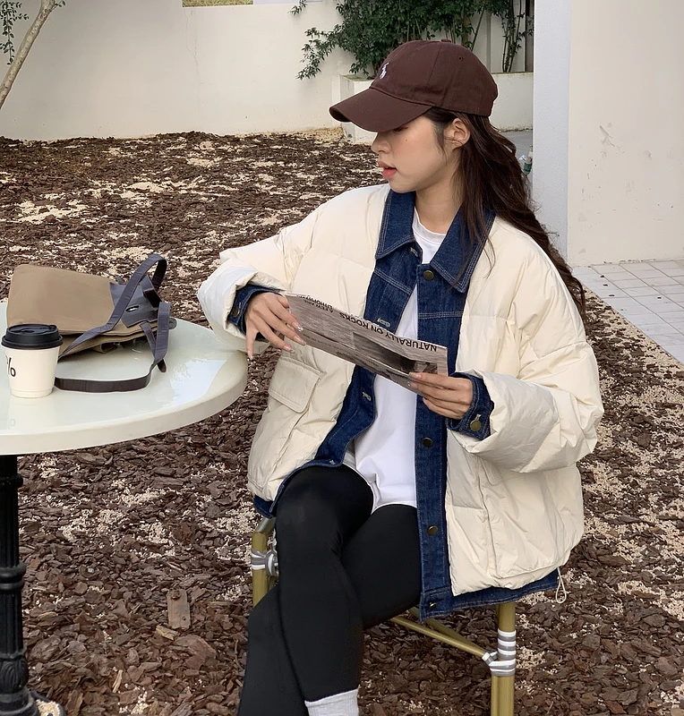 2024新款加厚短款拼接牛仔棉服女百搭宽松休闲保暖棉衣假两件棉袄