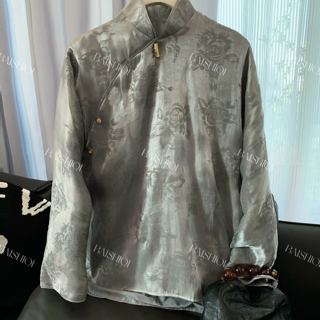 月百万【华族经典】NEW中式简约秀仆风灰槟气质复古上衣.