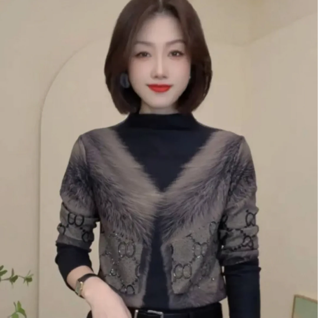 88702冬季新款长袖T恤时尚百搭设计感洋气减龄女士打底衫