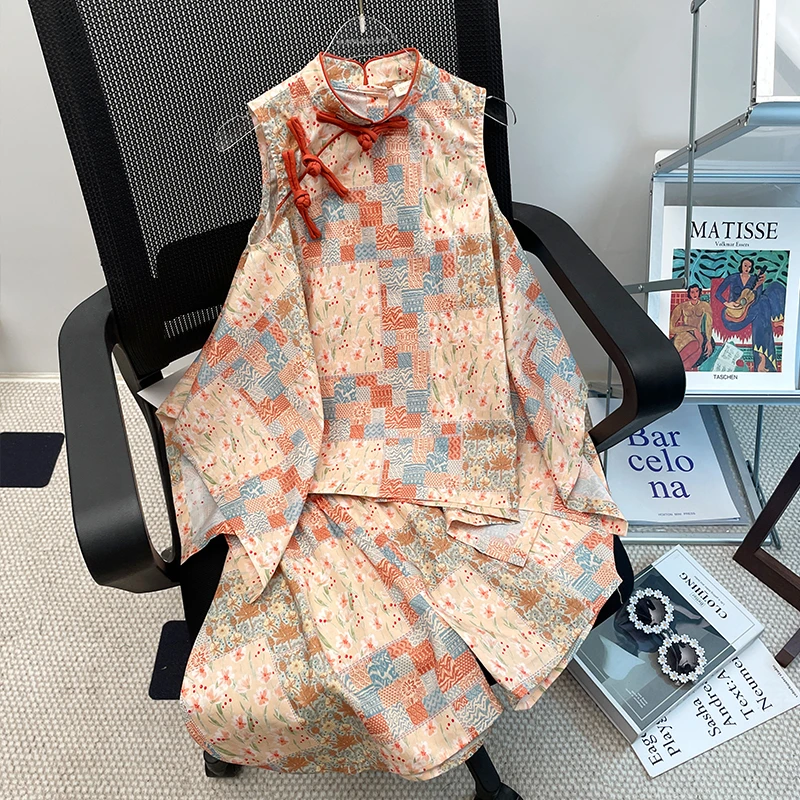 女童装20025时髦洋气印花碎花套装新中式改良旗袍上衣裤子两件套