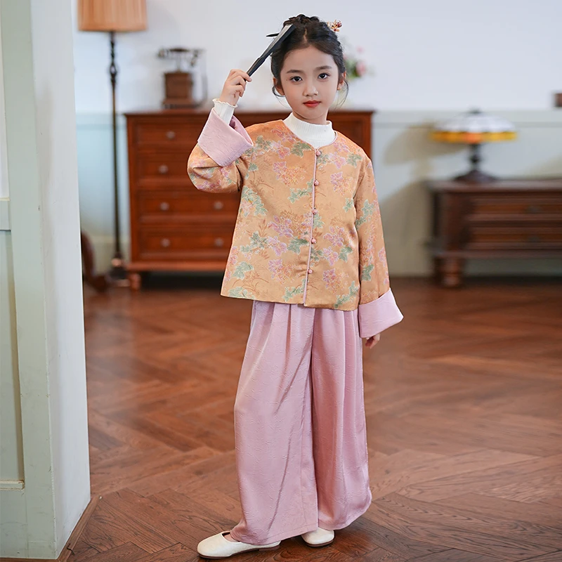 秋冬古风套装女童2025新款长袖复古春季小女孩中式刺绣提花两件套