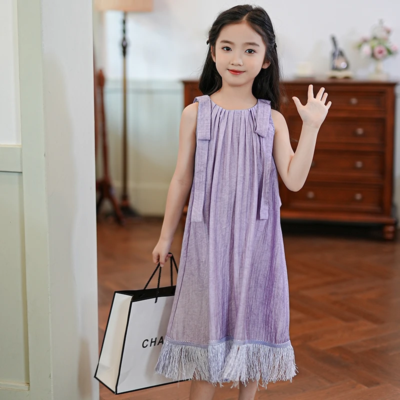 DS4001女童连衣裙2025新款夏季小众褶皱紫色背心裙中长款仙女裙子