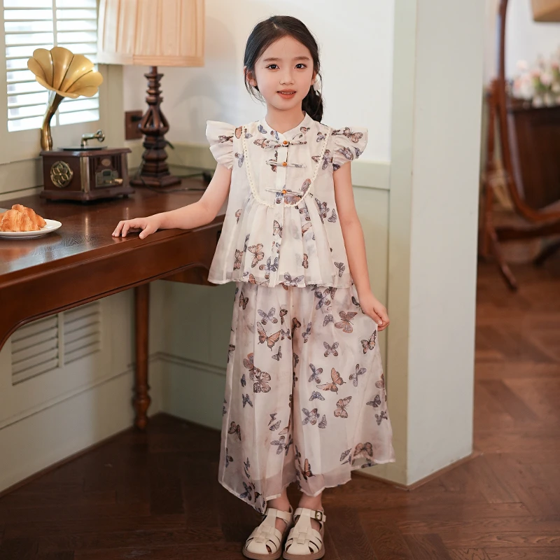 80049【东方绮梦】2025夏季新款女童国风套装儿童中式印花两件套