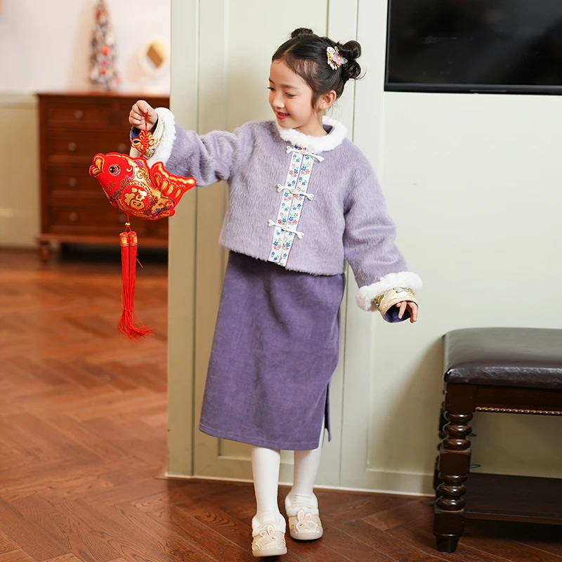 女童中国风旗袍裙毛绒外套冬季款小立领中式裙子短款上衣儿童套装