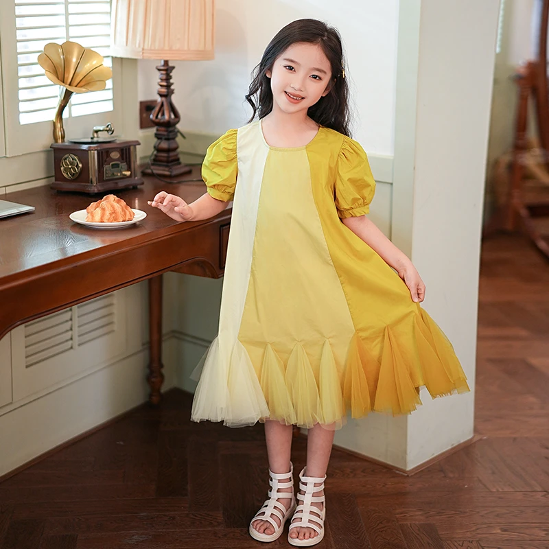 53108M夏天2025新款公主裙子多巴胺洋气短袖休闲连衣裙黄色蓬蓬裙