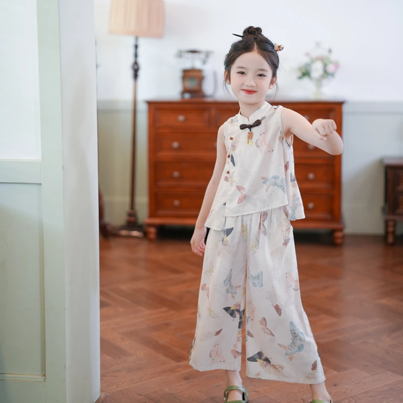80119女童套装夏装2025新款古风儿童改良旗袍汉服蝴蝶国风两件套