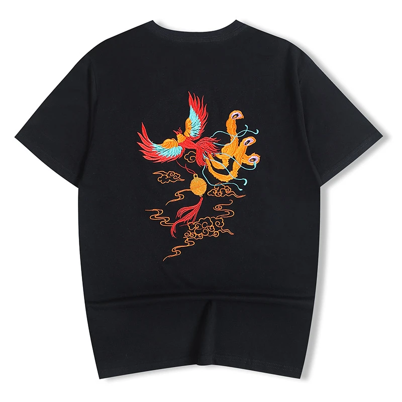 国风刺绣T恤男短袖潮牌高级感宽松休闲国潮凤凰后背图案绣花半袖t