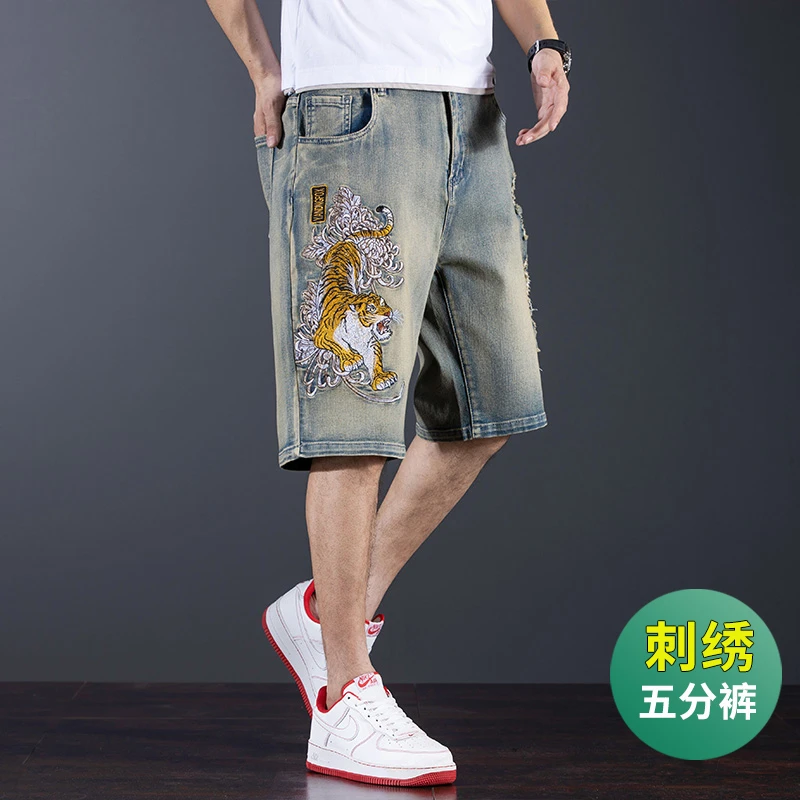 男士牛仔短裤破洞夏季薄款外穿高档潮牌爆款刺绣五分裤宽松5分裤6
