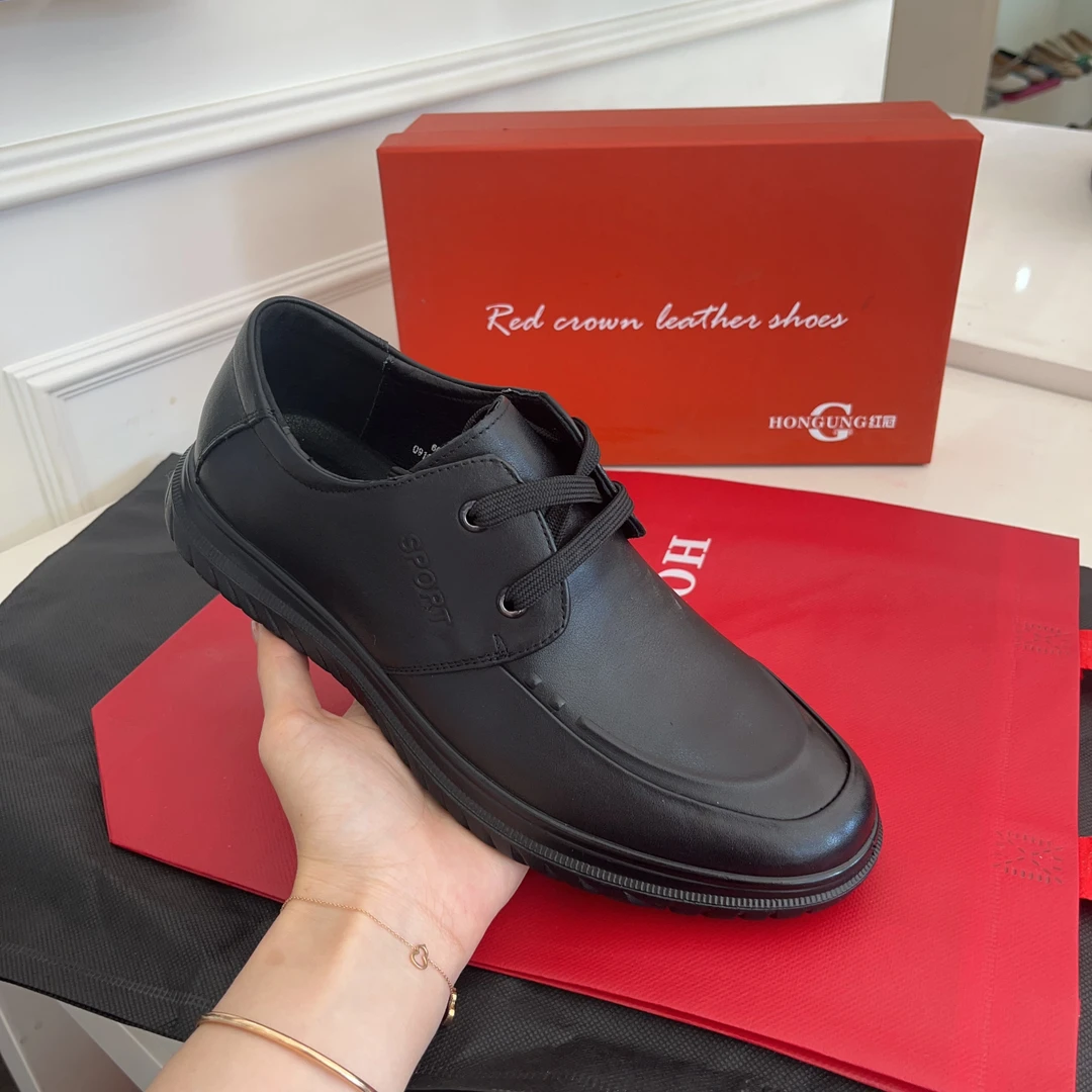 红冠皮鞋系带休闲皮鞋6638男士舒适时尚百搭黑色商务英伦