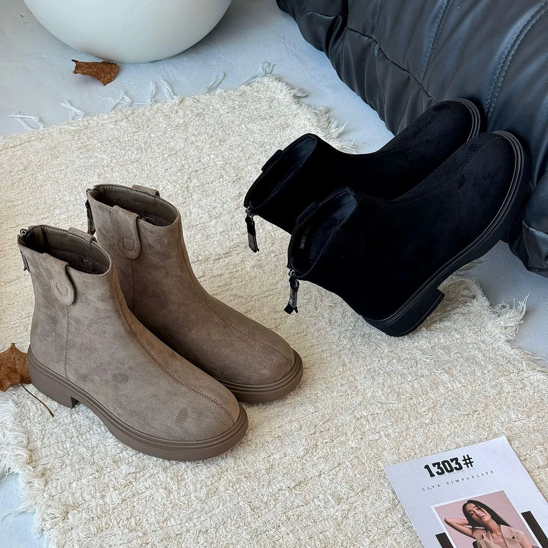 加绒 | 红冠羊京绒面弹力瘦瘦靴女秋冬单靴平底复古短靴33262