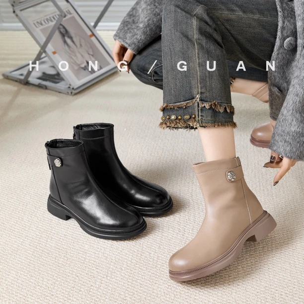 断码秒～红冠皮圆头粗跟切尔西靴短靴新款英伦风平跟后拉链T2781-2