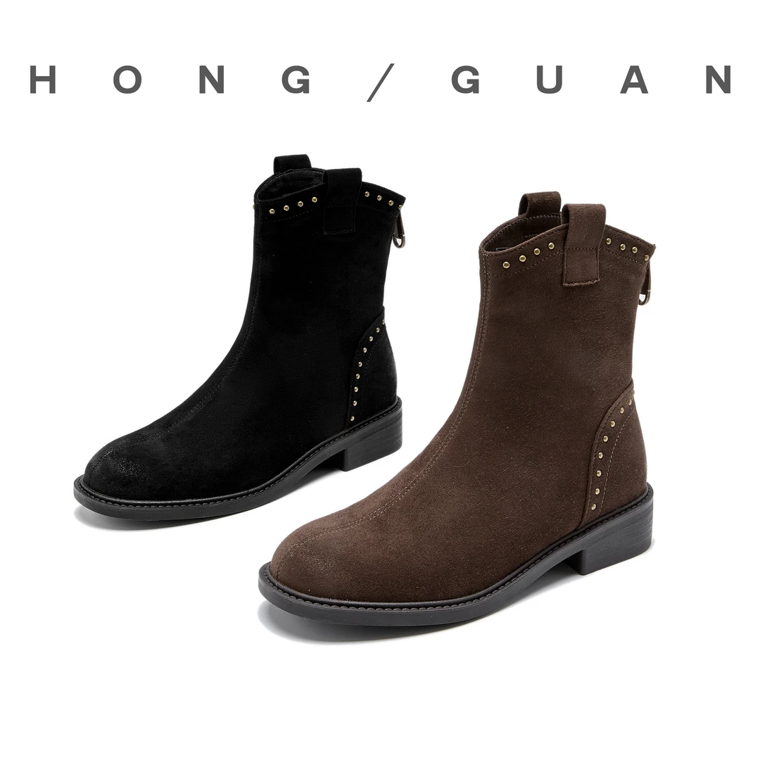断码甩～红冠羊京绒复古铆钉粗跟圆头做旧弹力瘦瘦靴绒面107-3