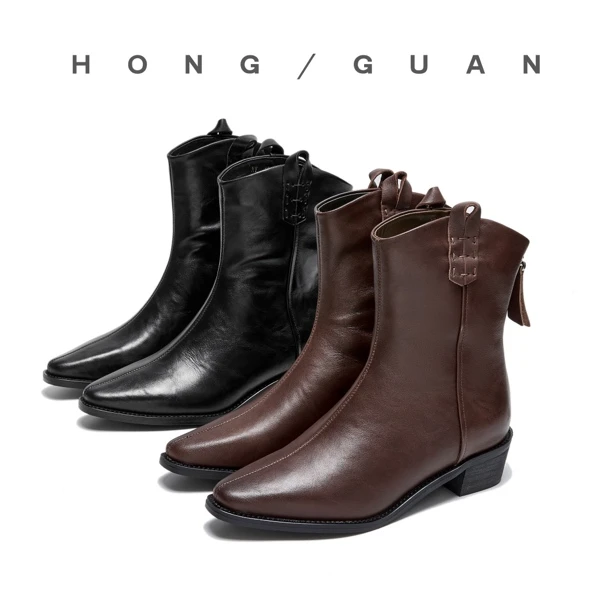 断码捡漏，红冠美式西部牛仔靴秋冬新款复古褶皱尖头中筒靴粗1235