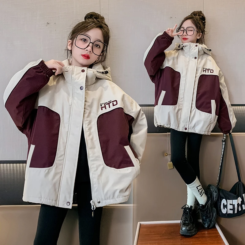 女大童夹棉加厚冲锋衣2023冬季新品洋派儿童加厚派克服初中生外套