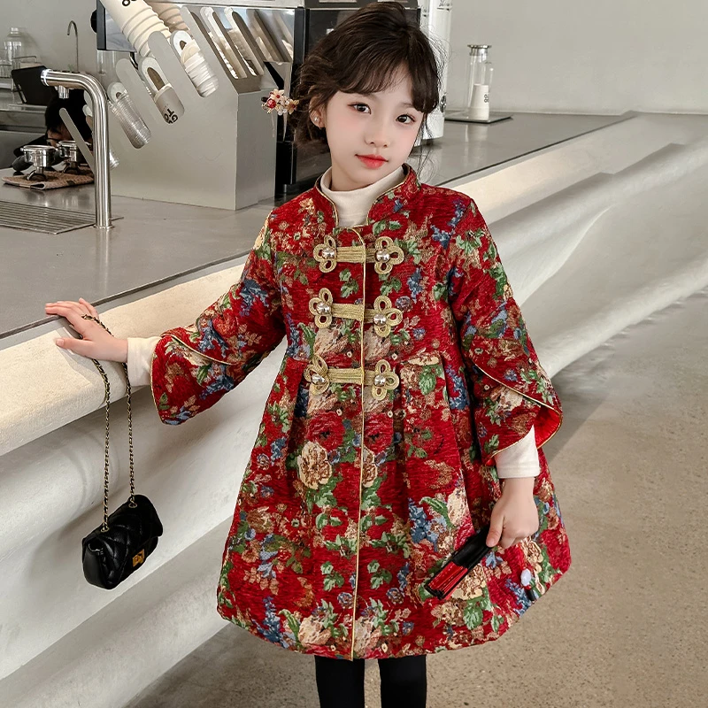 女童夹棉拜年服2023新款6-12岁15岁新年礼服唐装中国风汉服旗袍潮