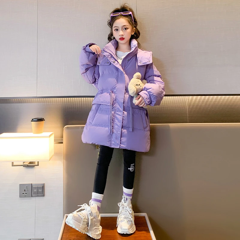 女童棉服冬装2022新款洋派中大童棉衣收腰中长版冬季加厚保暖外套