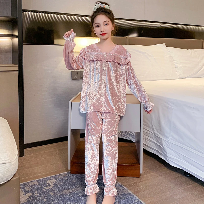 女 童金丝绒睡衣裤套组2023春秋季新款小女孩洋派韩范家居服两件