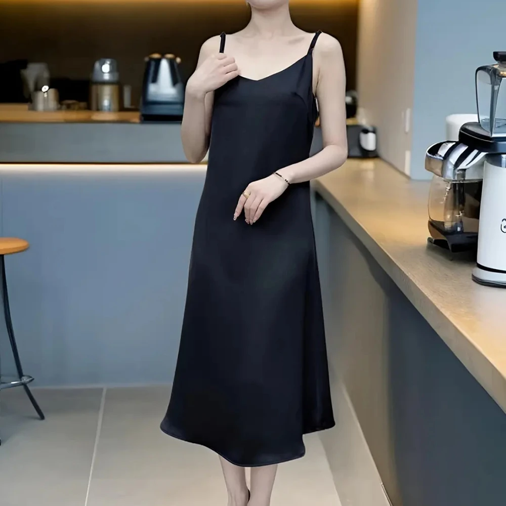 LIM厘米家法式醋酸缎面小众设计感高端印染连衣裙长款纯色吊带裙